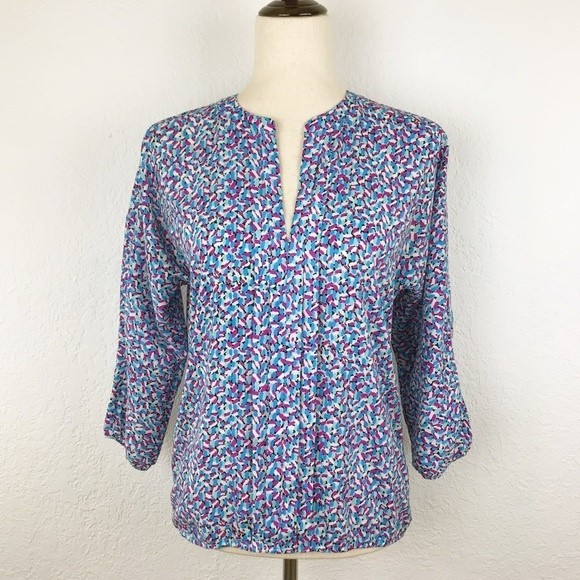 Ann Taylor Abstract Floral Colorful Blouse Jewel Tones Elastic Hem Cuffs V-Neck - Picture 16 of 16